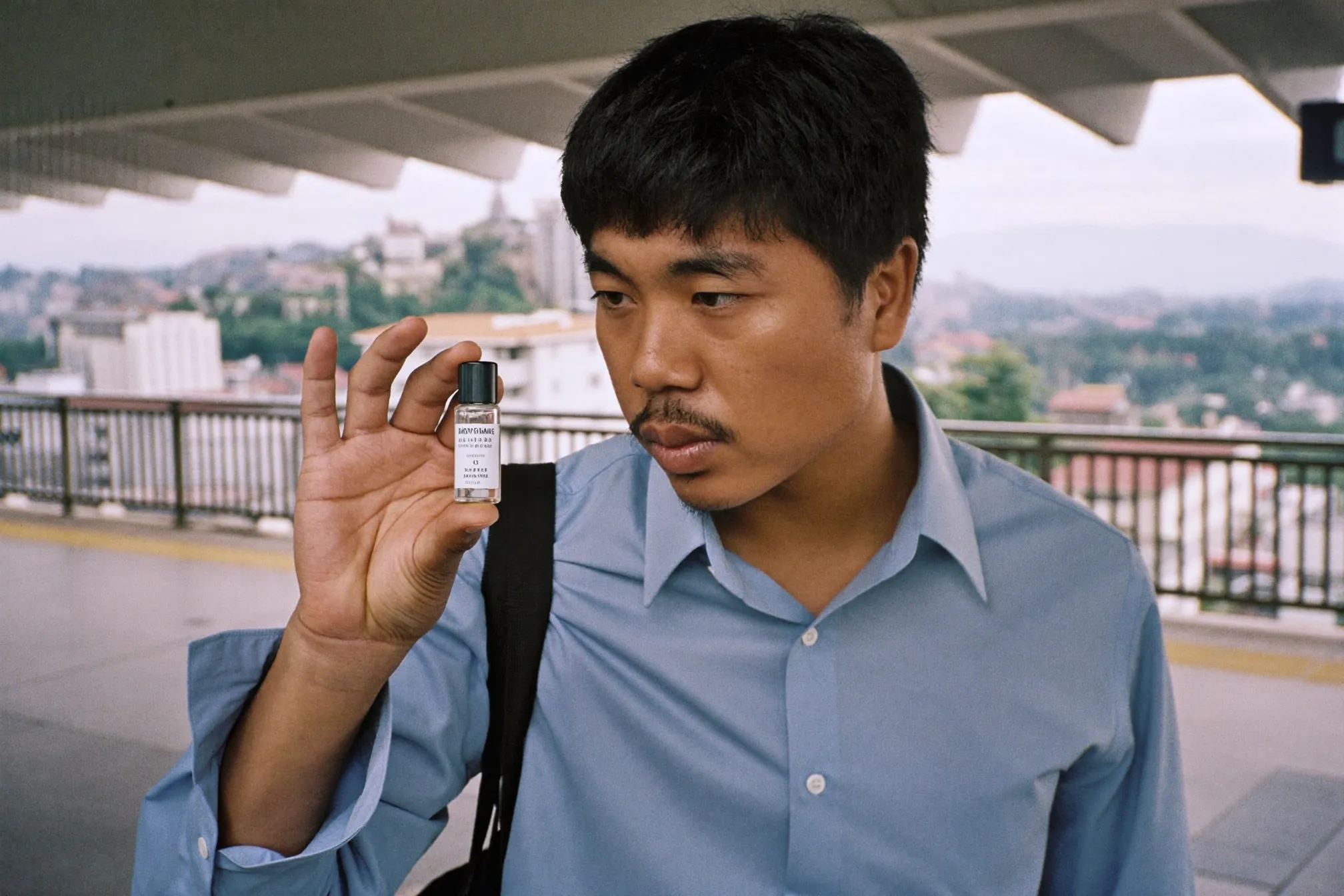 Man in an office shirt holding a small unlabelled decant vial while waiting on a covered LRT platform in Kuala Lumpur