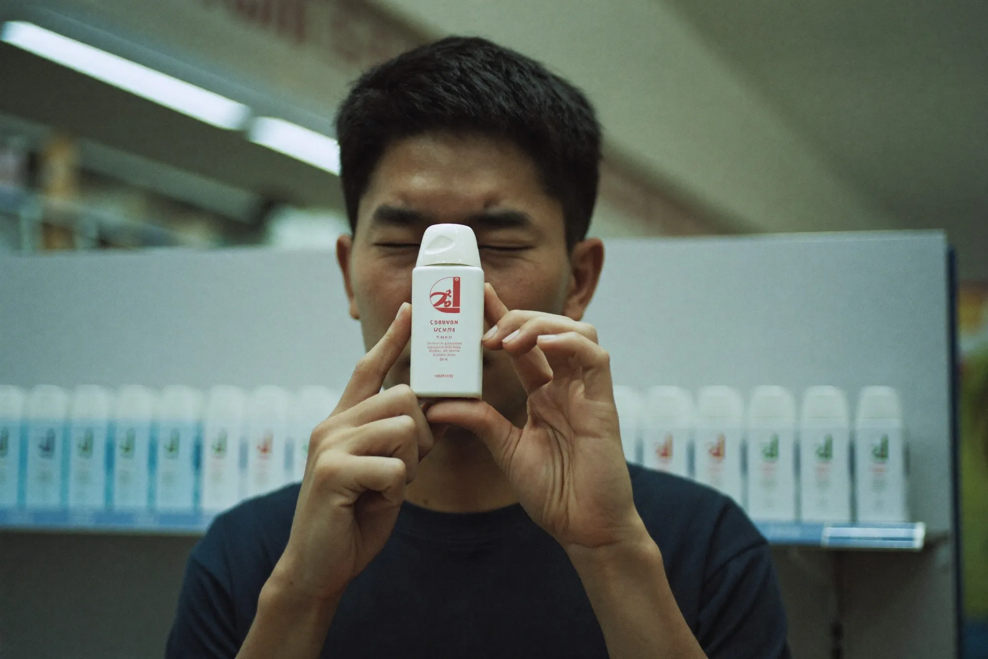 Man reading the back label of a sunscreen bottle in the sun care aisle of a Malaysian pharmacy