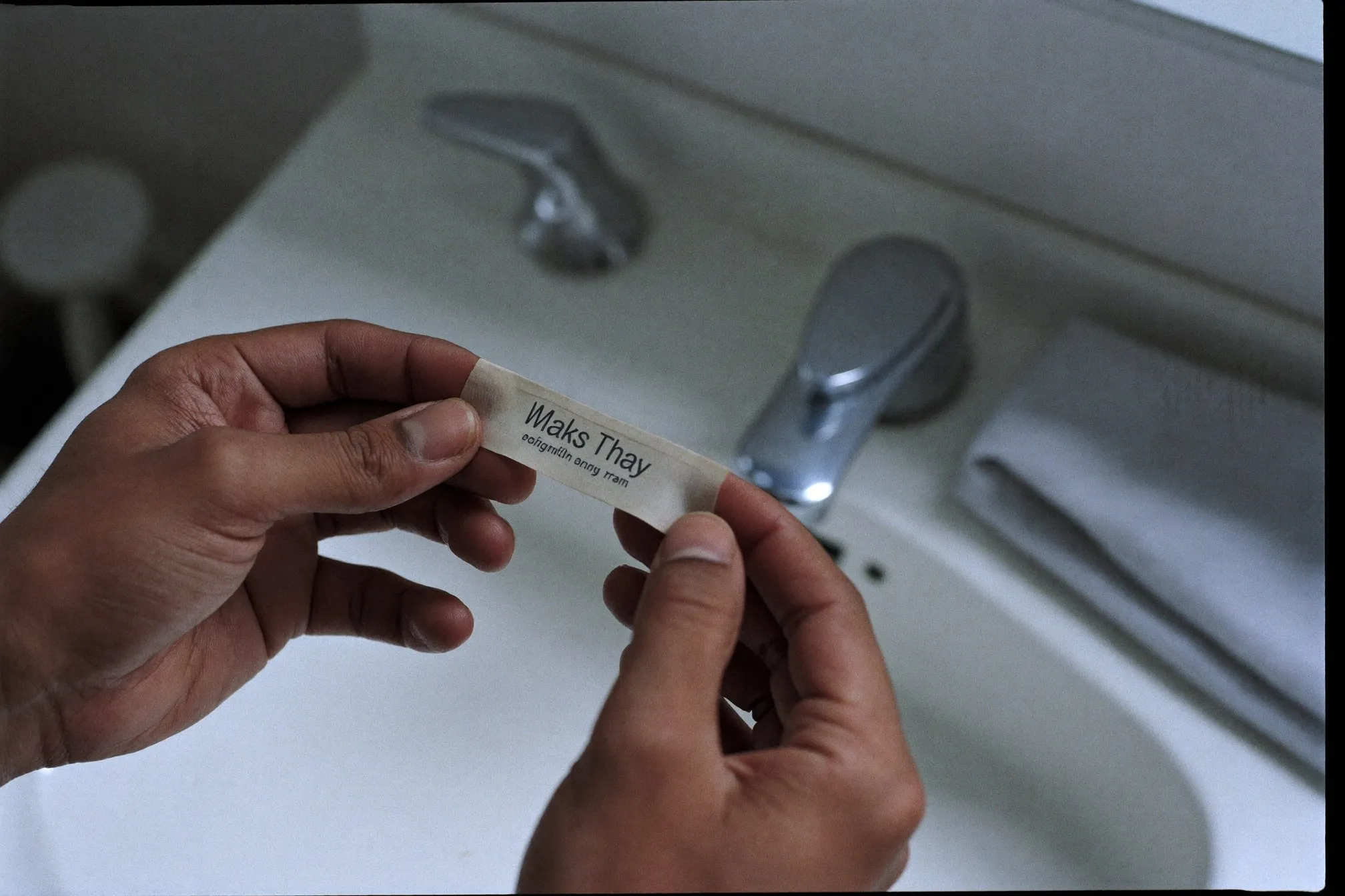 Close view of a man's hands holding a used pore strip over a bathroom sink
