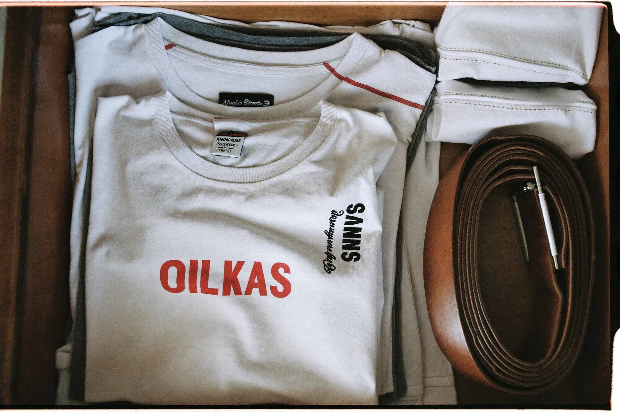 Drawer of folded tees and rolled belts, top-down