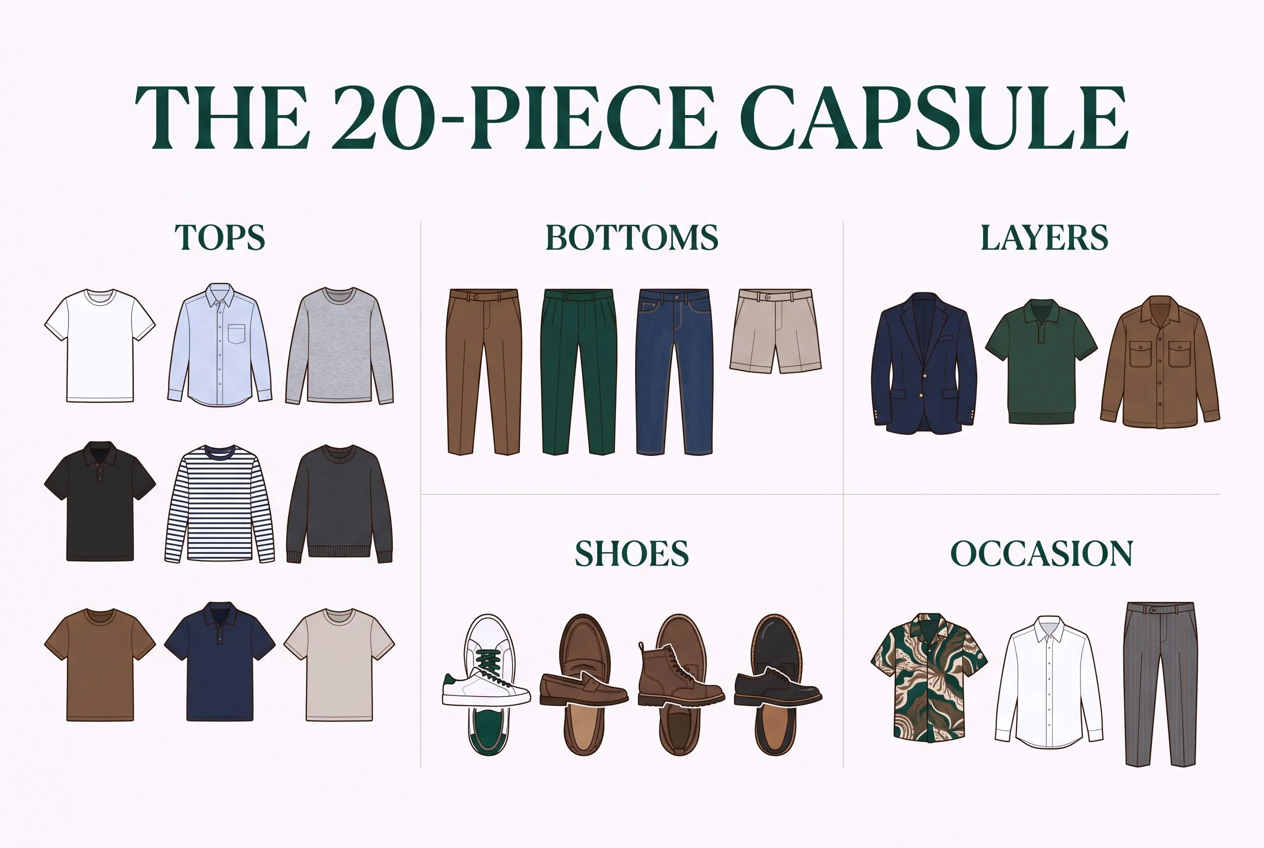 The 20-piece capsule: tops, bottoms, layers, shoes and occasion pieces