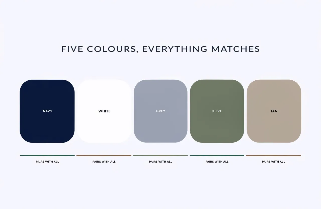 Five colours that all match: navy, white, grey, olive, tan