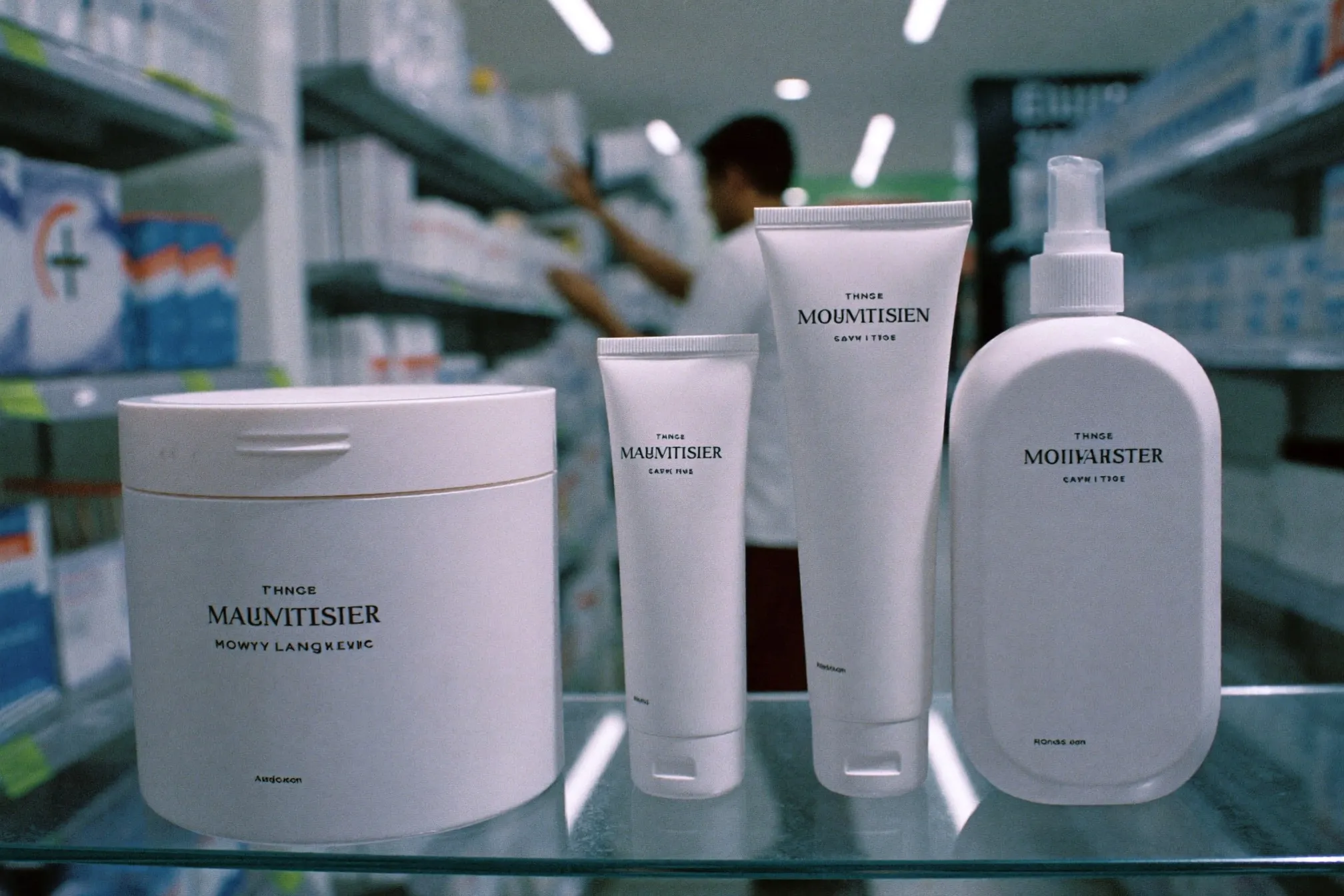 Three unbranded white moisturiser tubs and tubes lined up on a pharmacy shelf under bright retail lighting