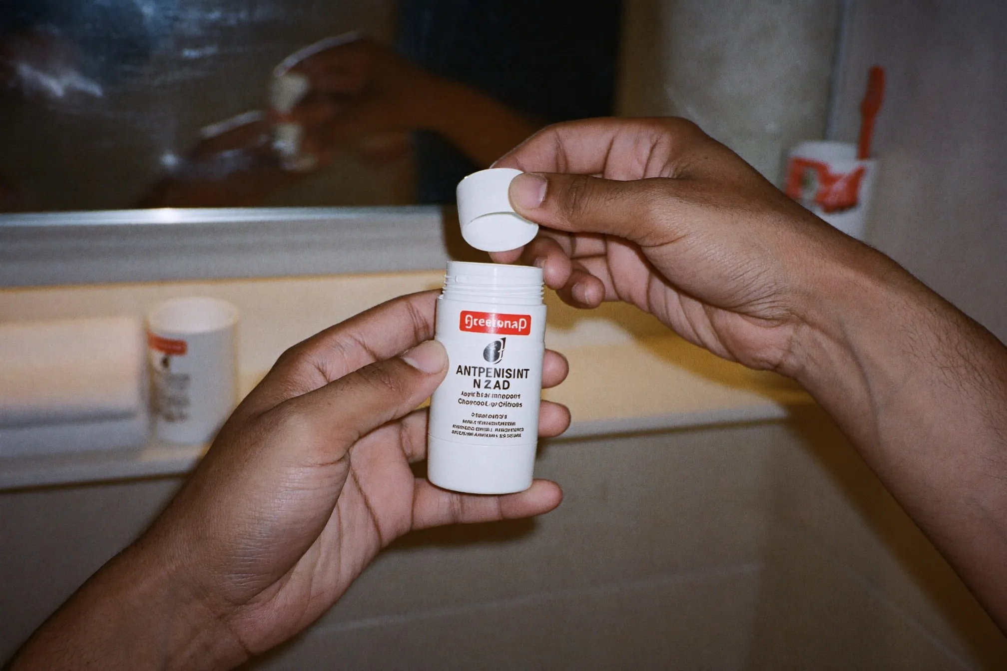 Hand holding an unbranded white antiperspirant stick over a bathroom shelf at night in an HDB flat