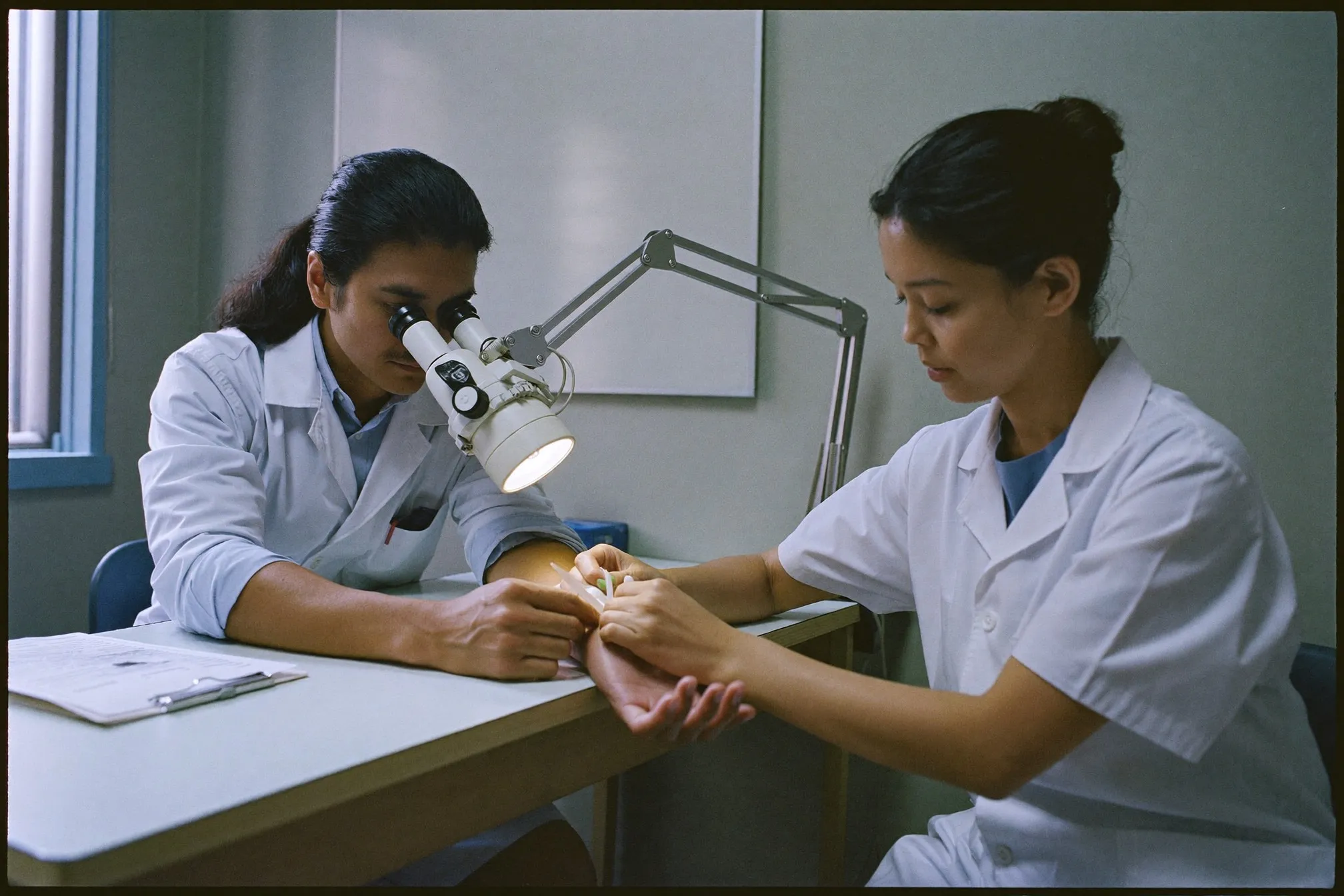 Dermatologist examining a man's forearm with a handheld dermatoscope under a lamp in a consultation room