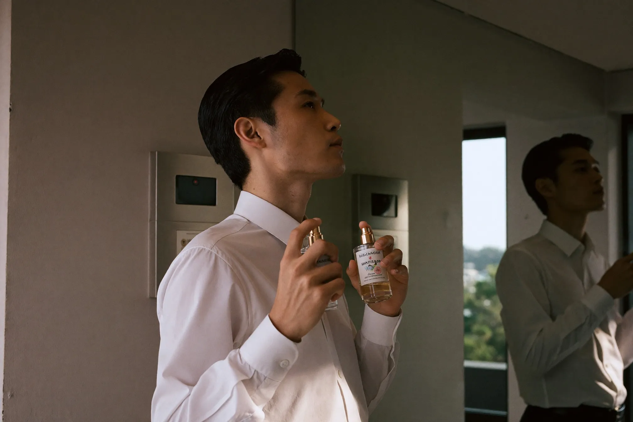 Man spraying an unbranded atomiser onto his neck in front of an HDB lift lobby mirror in the morning