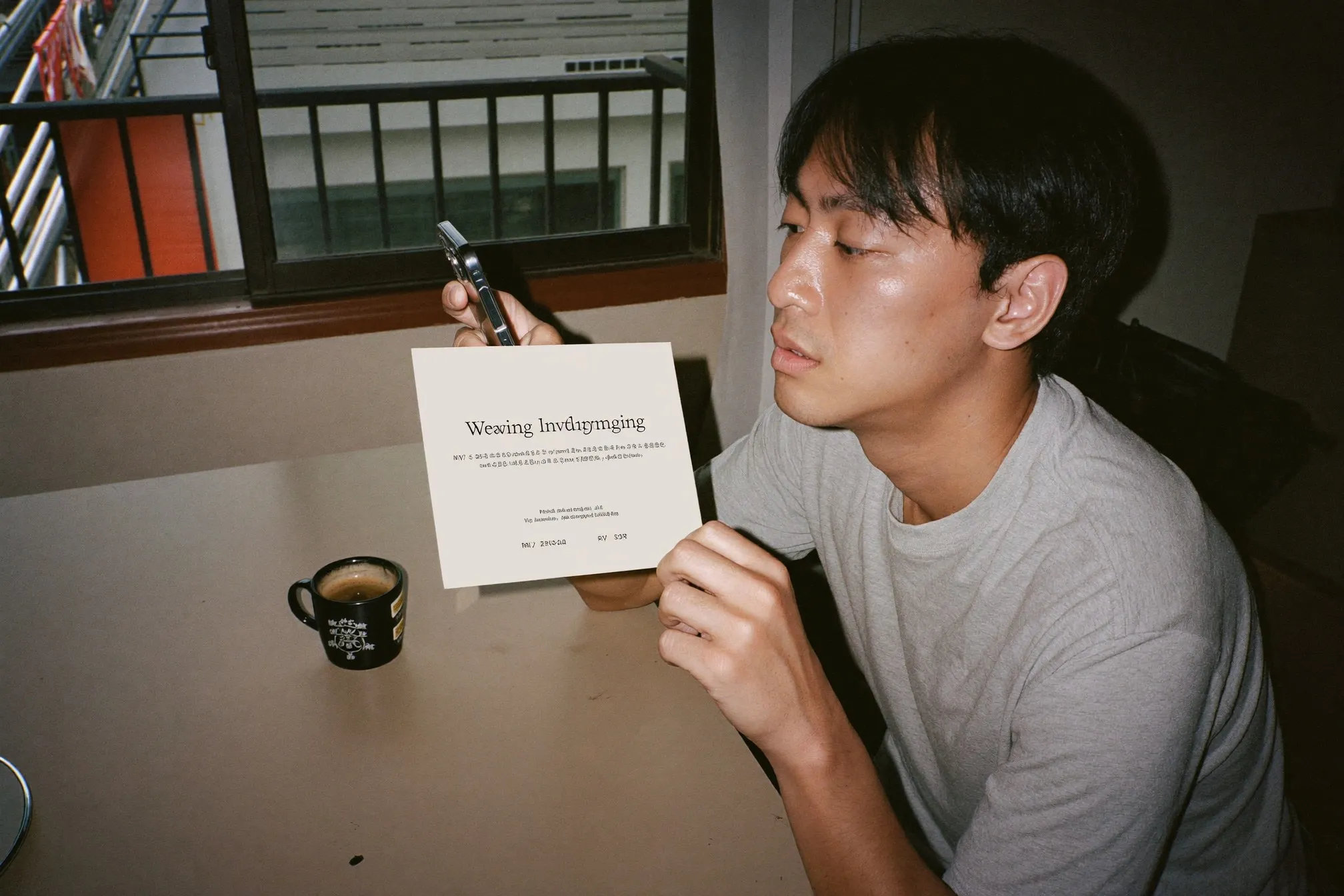 Man reading a printed wedding invitation card at his kitchen table in a Singapore HDB flat