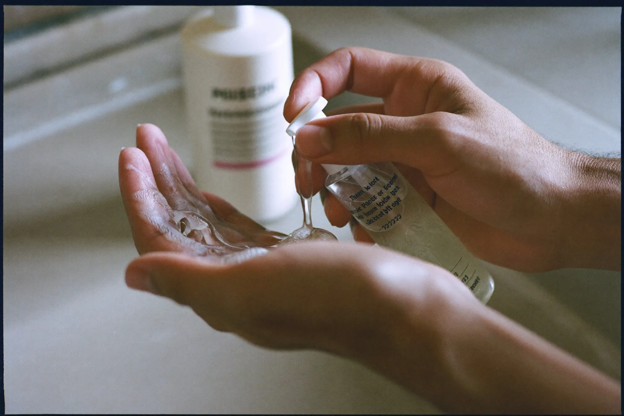 Close view of a man lathering gel cleanser between his hands at a sink