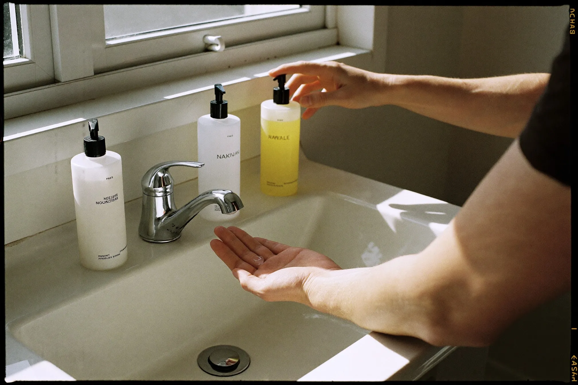 Man at a bathroom sink applying moisturiser with three simple bottles lined up