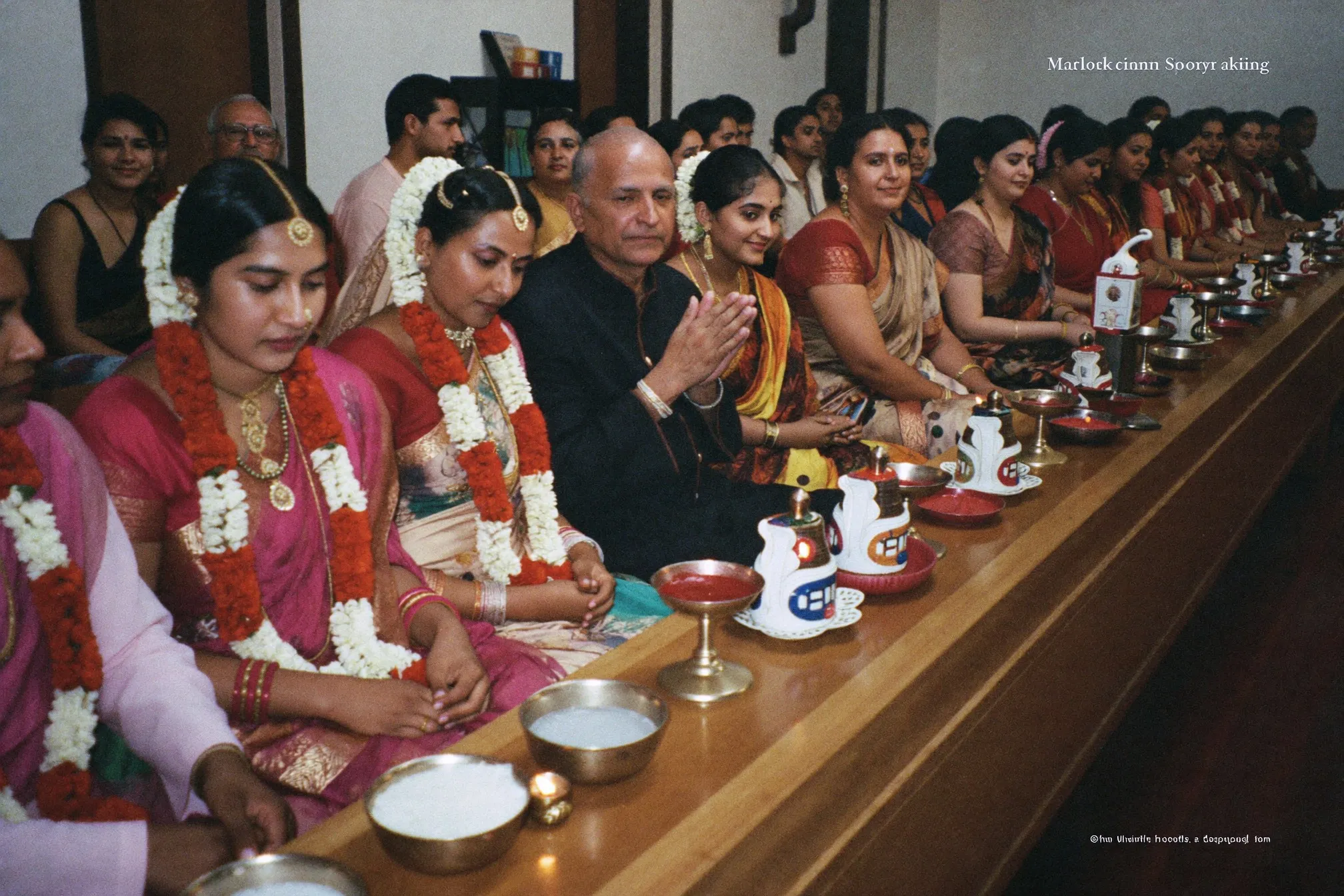 South Indian wedding ceremony with garlands and oil lamps