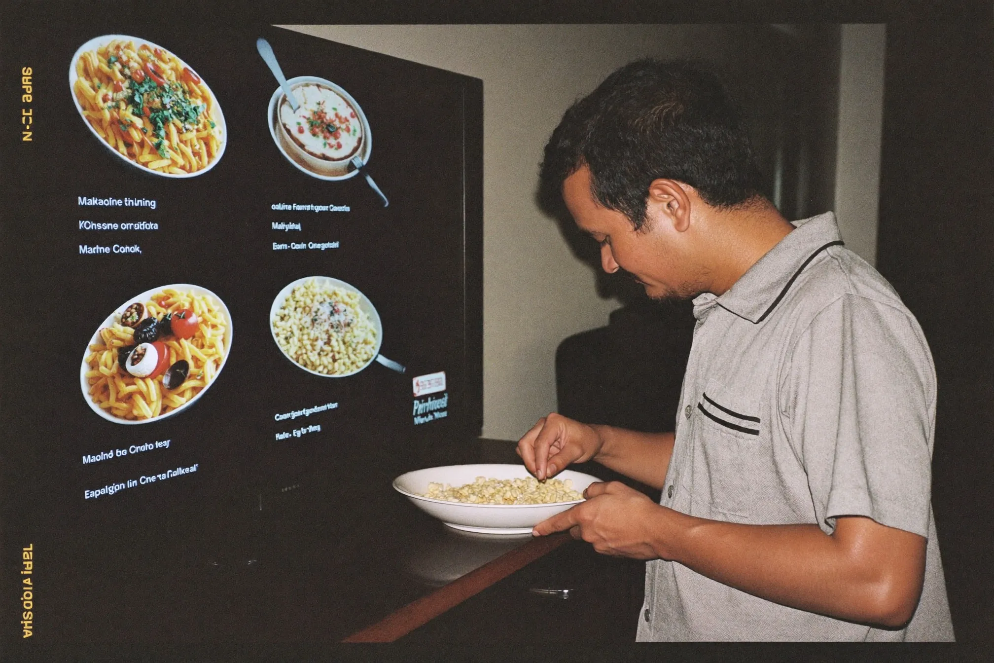 Man browsing a streaming menu on a television with a bowl of popcorn beside him