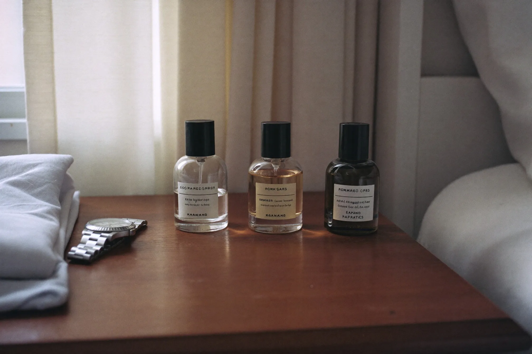 Three unbranded perfume bottles of different sizes lined up on a wooden dresser in an HDB bedroom