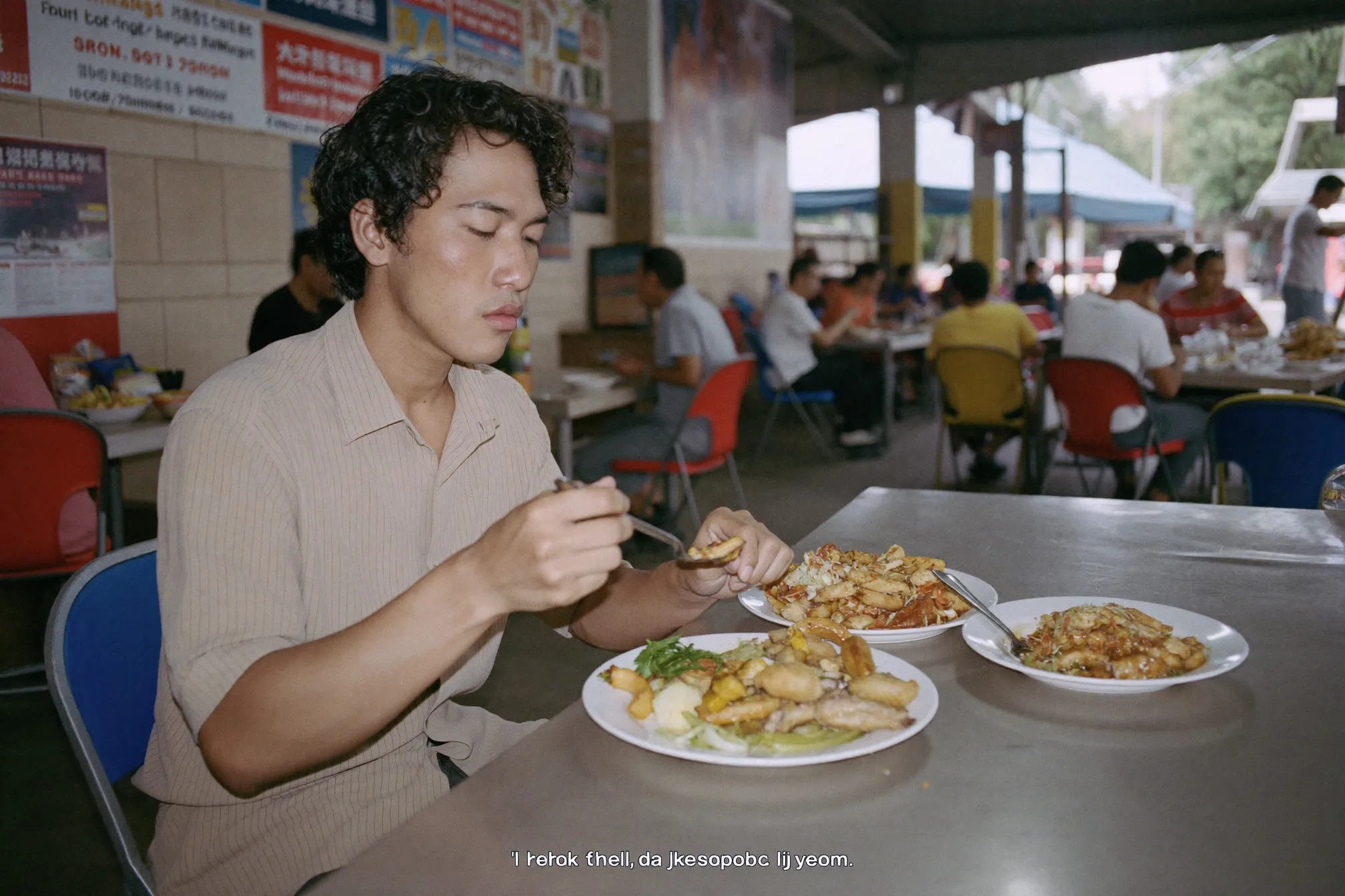 Malay man in his late twenties eating a plate of grilled chicken and rice at a busy open-air hawker centre in Singapore