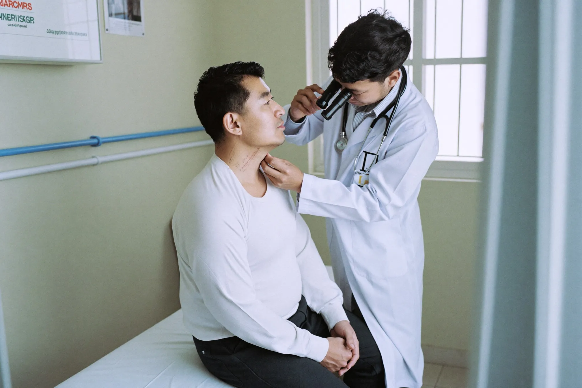 Doctor examining the side of a man's neck with a handheld dermatoscope in a clinic consultation room