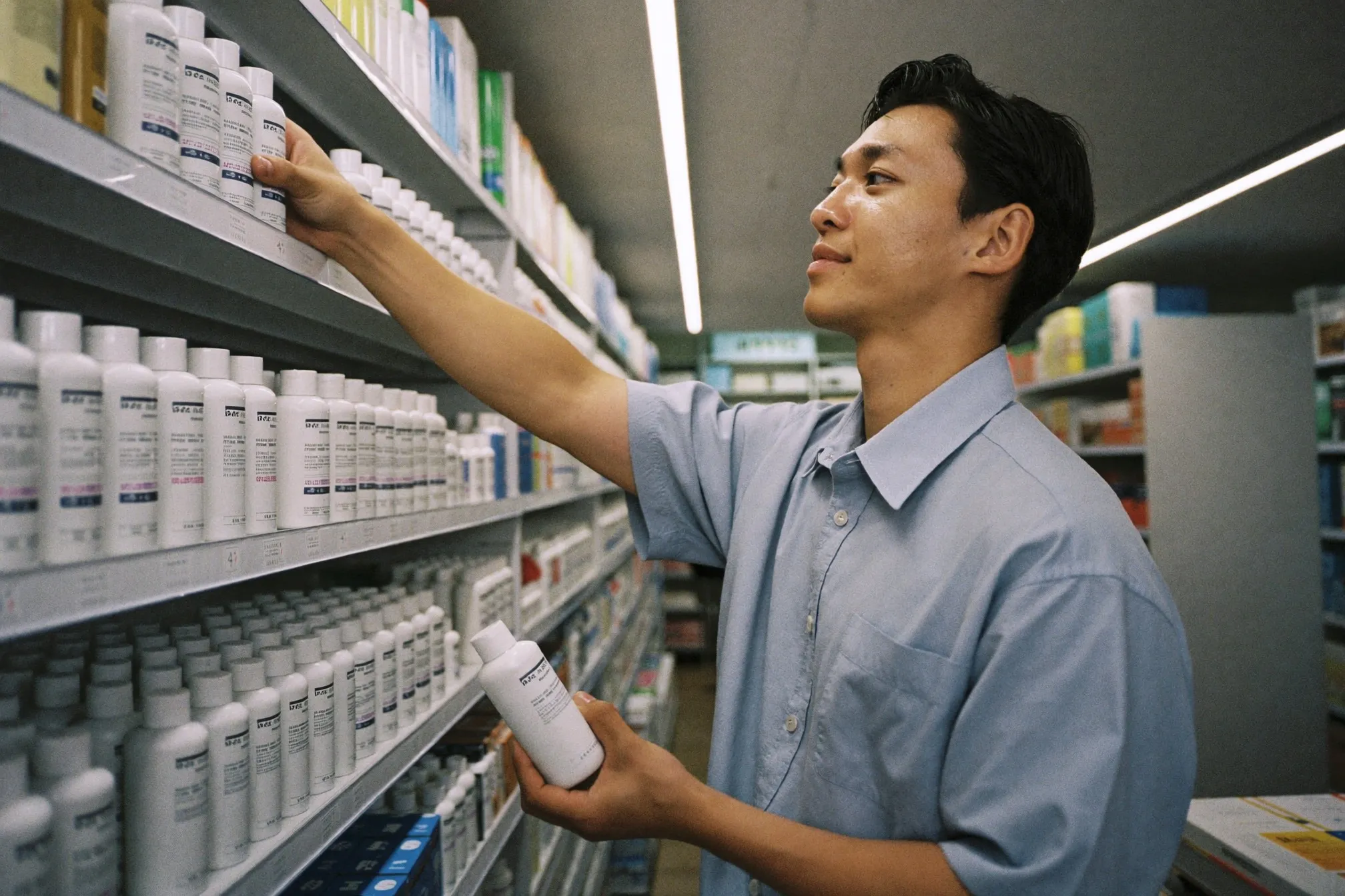 Man scanning a shelf of skincare bottles in a brightly lit pharmacy aisle