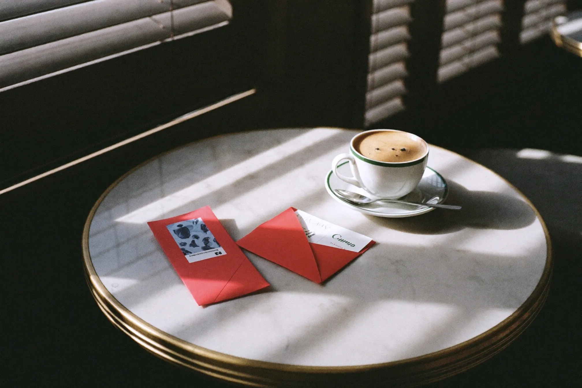 Plain red envelopes and a cup of kopi on a marble kopitiam table in morning light
